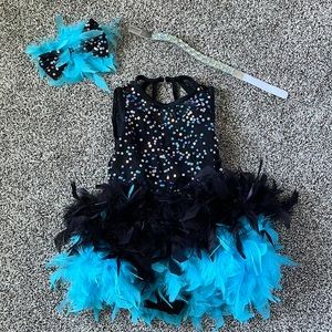 Stunning jazz dance outfit! Beautiful black & bright blue leotard, bow, necklace